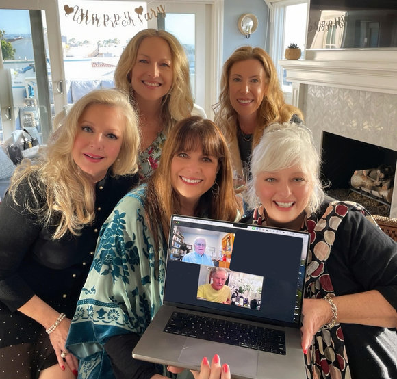 The year began with a 60th celebration at Charmian's daughters home. left-right Kym, Emily, Jenny, Debbie, Angela. On zoom: Nicholas in Australia and Duane in Oregon